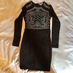 A’Gaci Black Mesh Rhinestones Mini Bodycon Dress, M